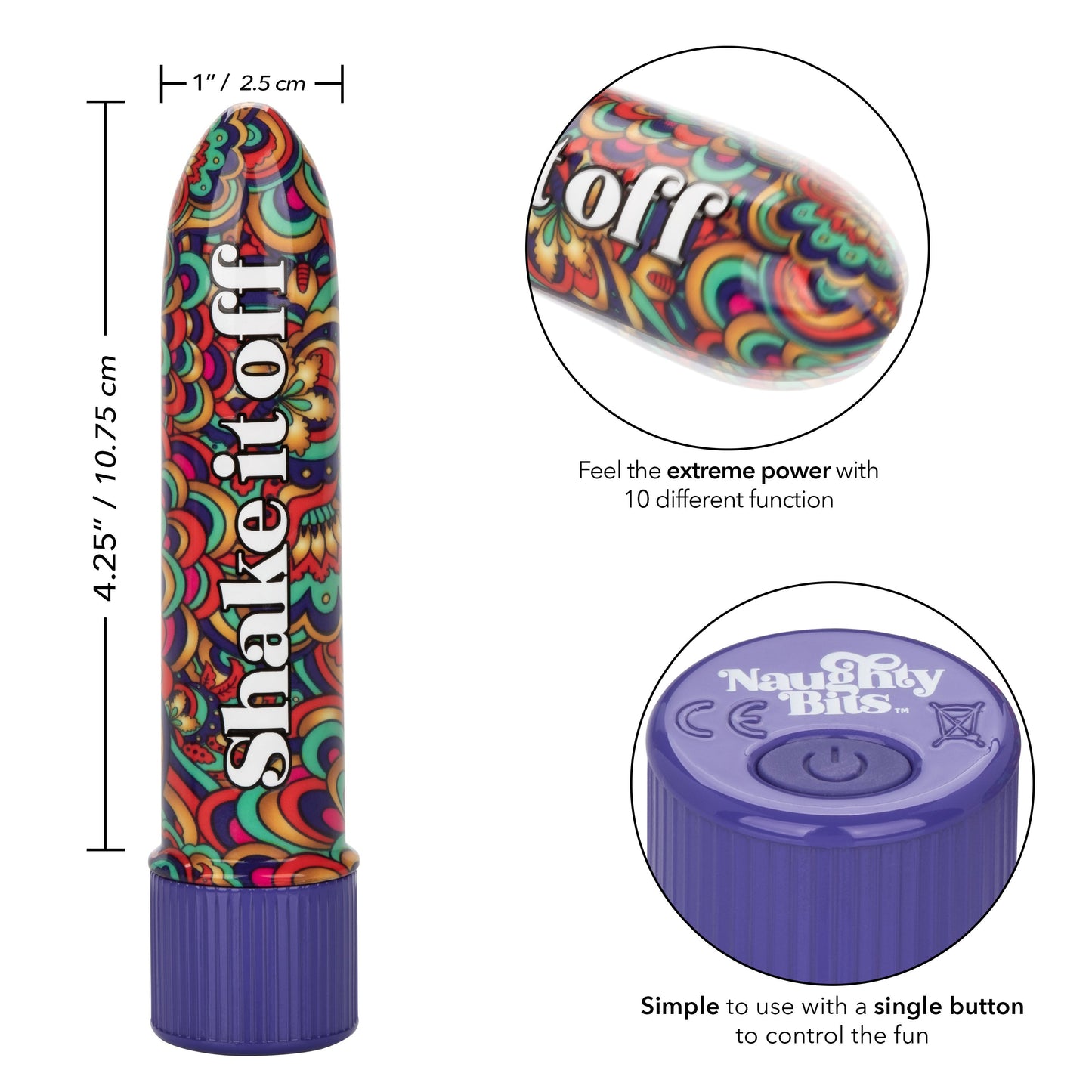 Naughty Bits Shake It Off Powerful Mini Vibrator 4.25 Inch Waterproof Colorful Design