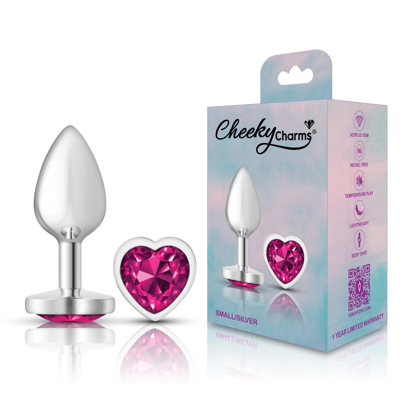 Cheeky Charms Silver Metal Butt Plug with Heart Pink Jewel Small