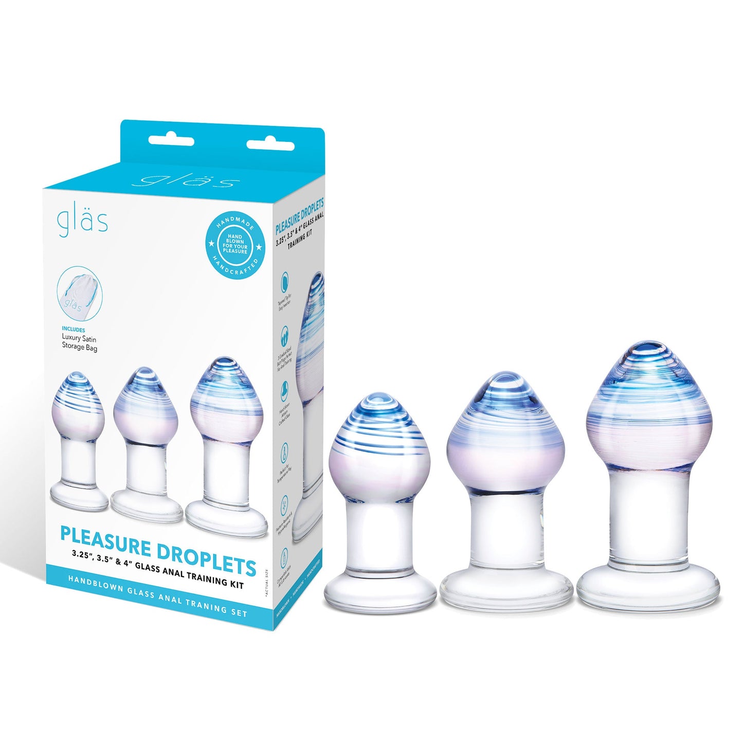 Glas Pleasure Droplets (Blue and White Swirl) – 3-Piece Glass Anal Training Kit