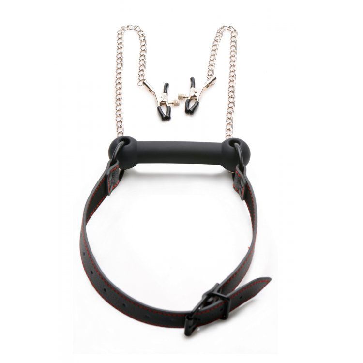 Silicone Bit Gag with Adjustable Nipple Clamps – Silicone BDSM Accessory