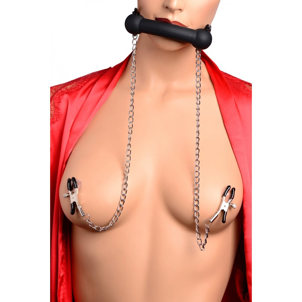 Silicone Bit Gag with Adjustable Nipple Clamps – Silicone BDSM Accessory