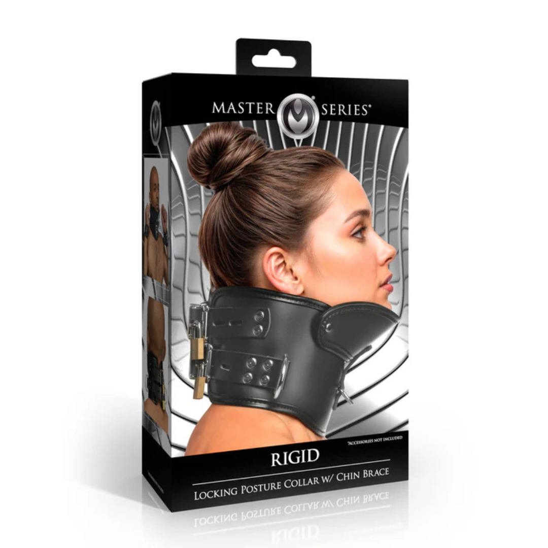 Master Series Rigid Locking Posture Collar with Chin Brace – Adjustable BDSM Collar
