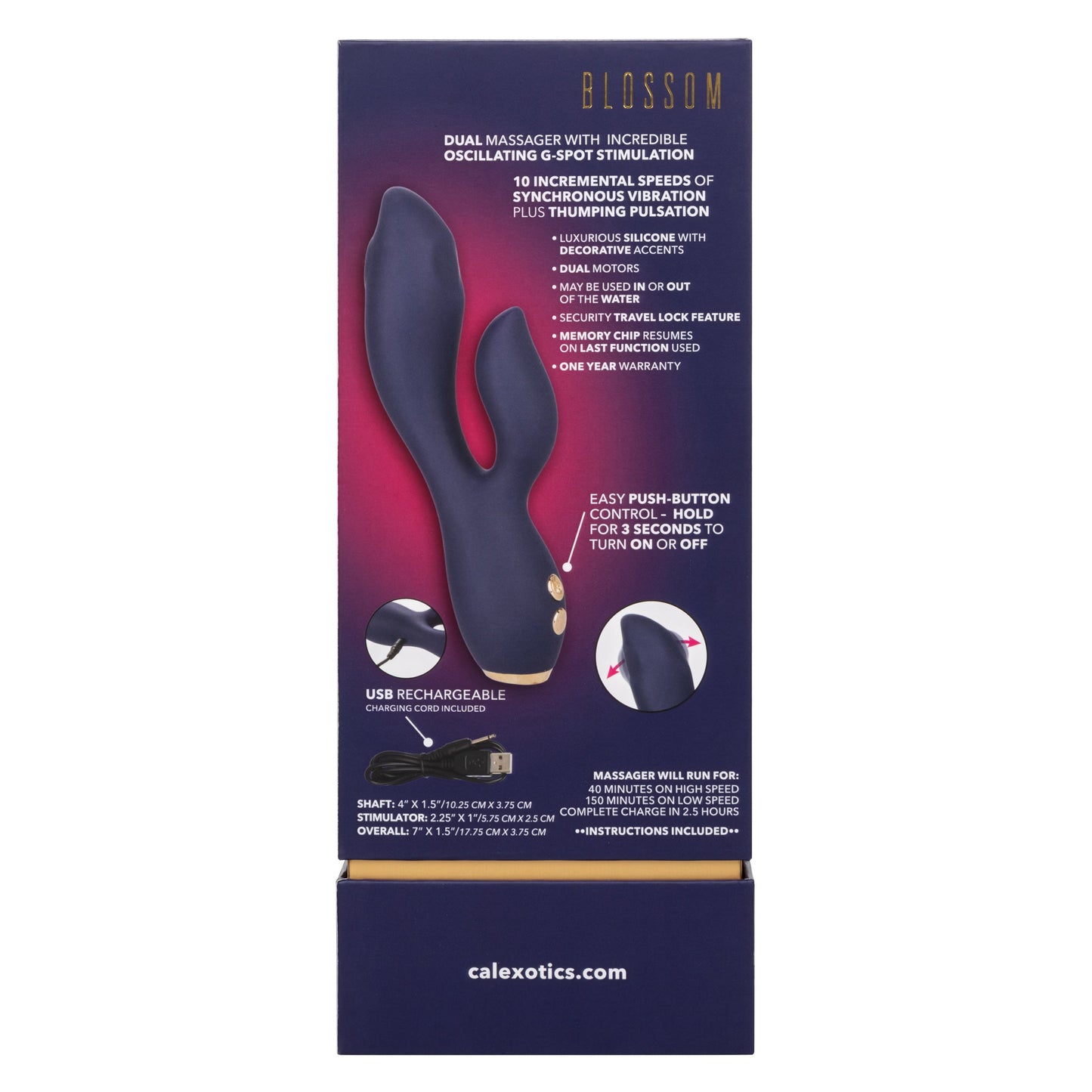 Chic Blossom Navy Blue Flexible Silicone Dual Motor Vibrator with Gold Accents, 10 Speeds, Waterproof and Rechargeable