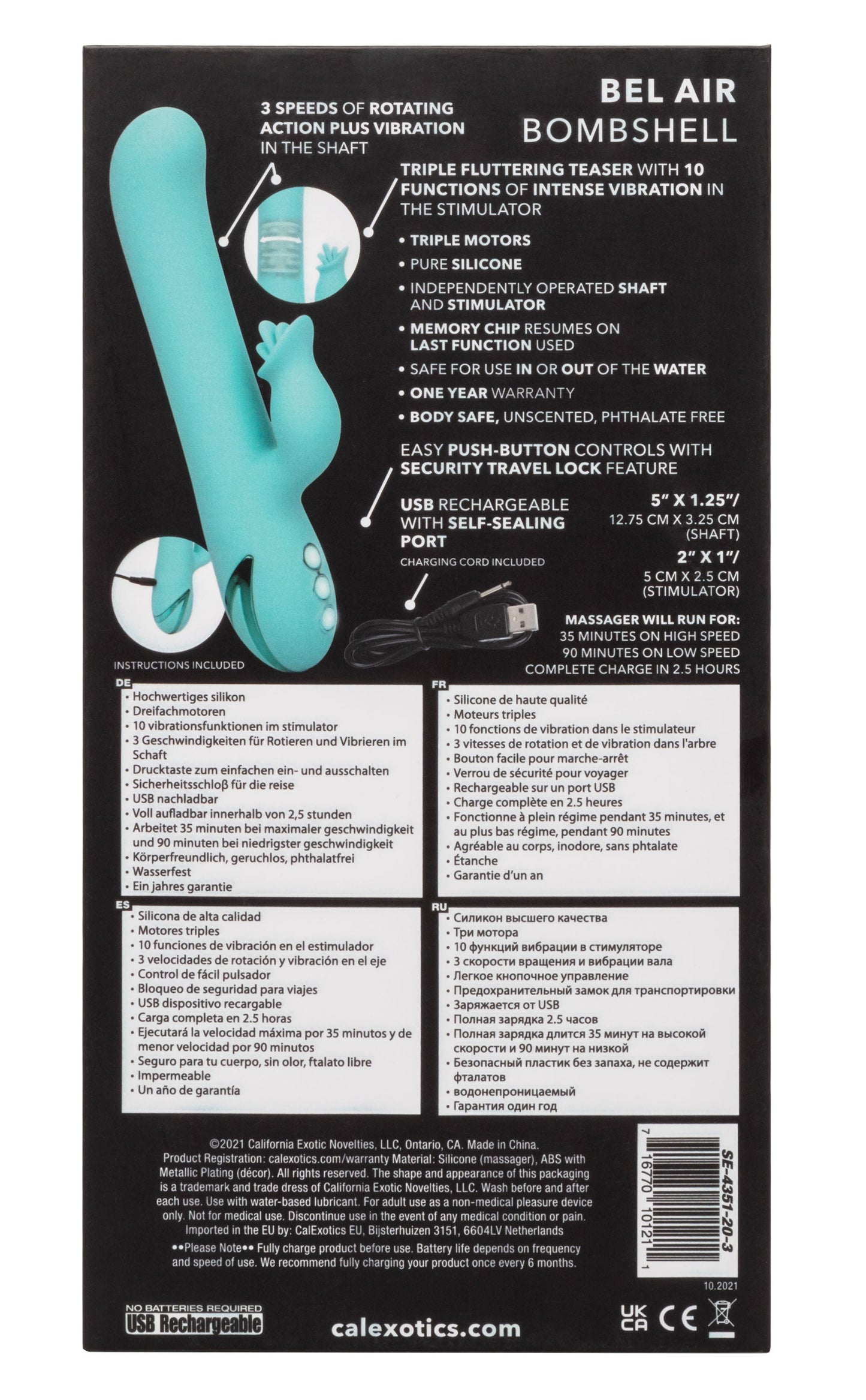 California Dreaming Bel Air Bombshell Silicone Vibrator in Aqua Blue with Triple Motors and 10 Vibration Functions