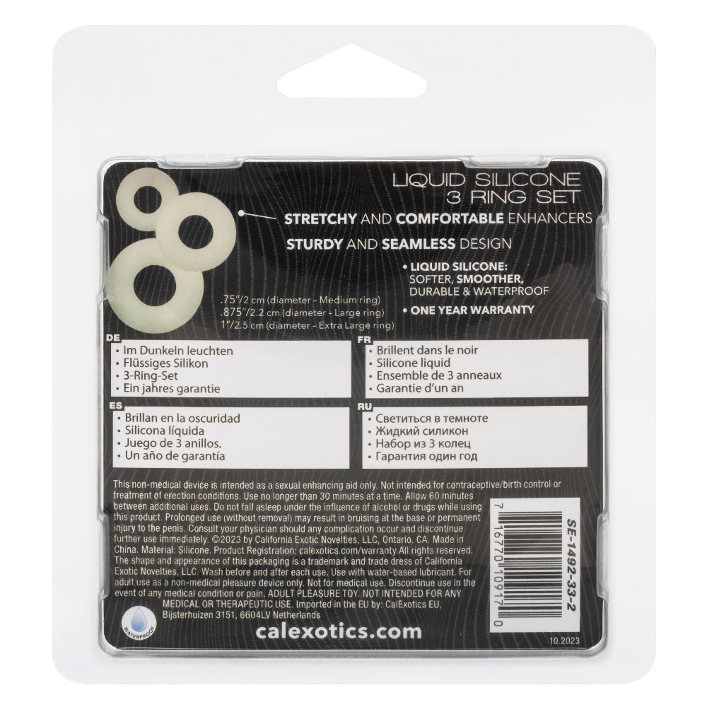 Alpha Glow-In-The-Dark Liquid Silicone 3 Ring Set in White with Multiple Sizes