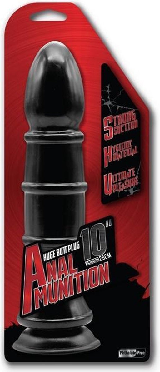Anal Munition 10 Inch Black Butt Plug with Suction Cup and Ridges