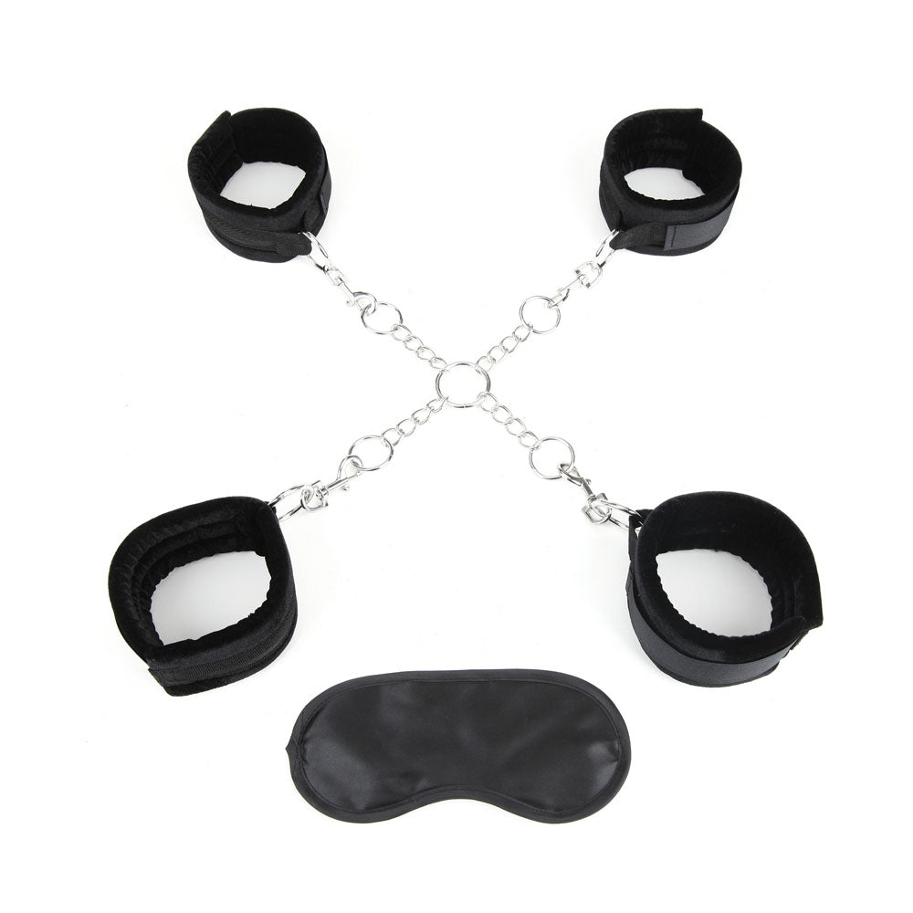 Lux Fetish Deluxe Chain Hogtie With Adjustable Soft Black Restraint Cuffs and Blindfold