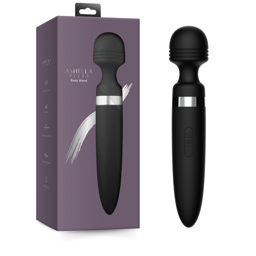 Ashella Vibes Body Wand Black Silicone Massager with 8 Speeds and 20 Vibration Modes Waterproof