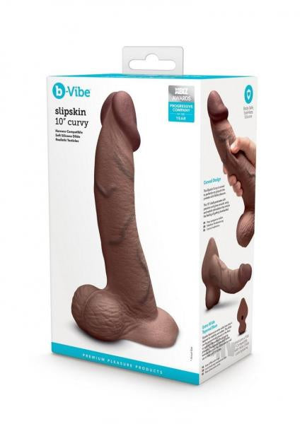 B-Vibe Slipskin Realistic Silicone Dildo 10 Inch Curved Brown