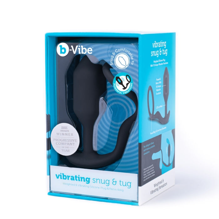 B-Vibe Vibrating Snug and Tug Medium Black Penis Ring and Weighted Butt Plug