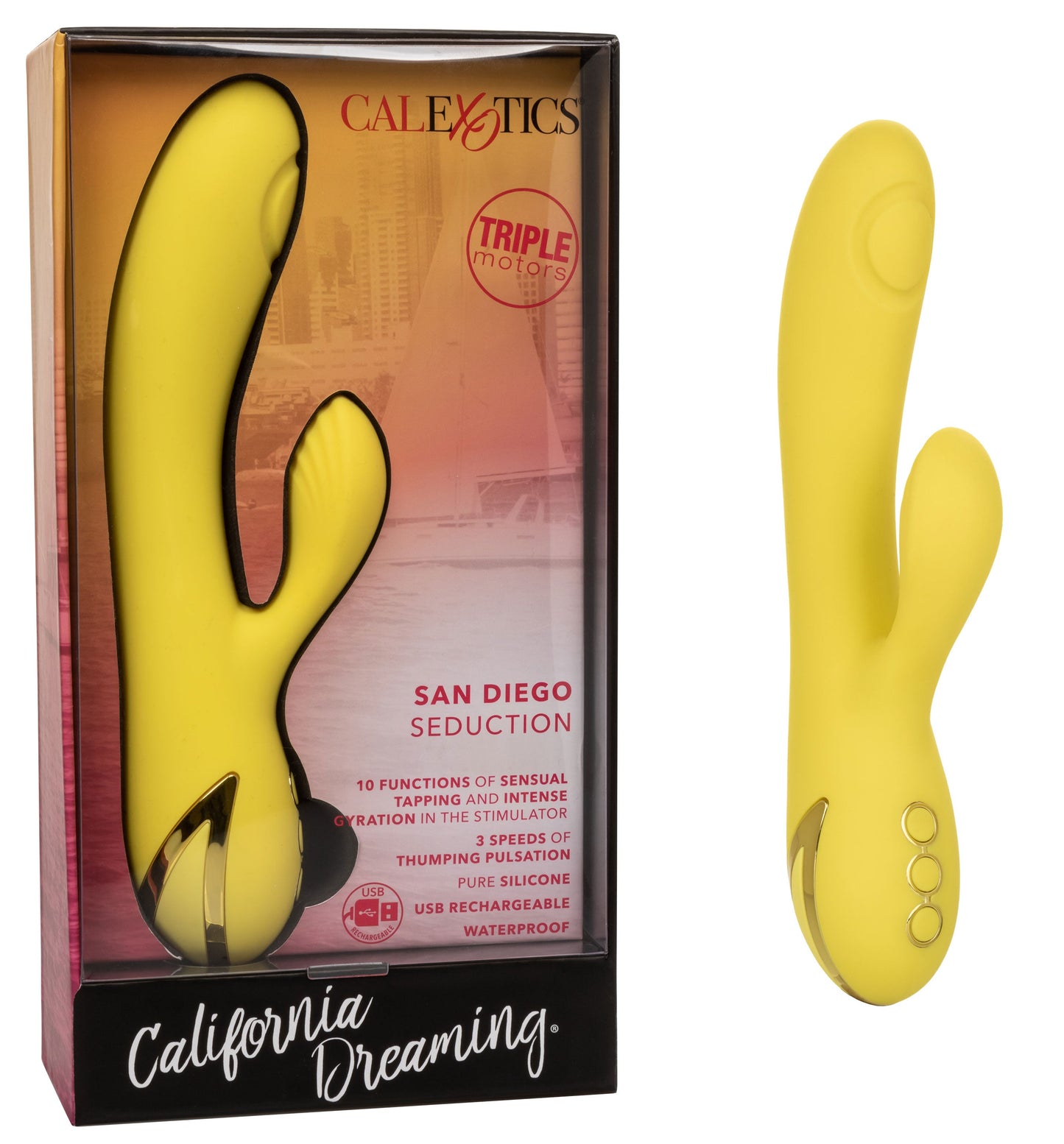 California Dreaming San Diego Seduction Yellow Silicone Dual-Action Massager with Triple Motors and 10 Functions