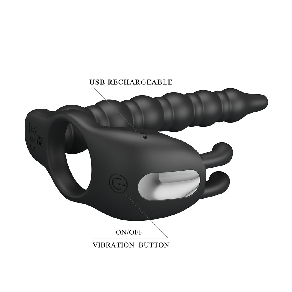 Party Up Marcus (Black) – USB Rechargeable Vibrating Cock Ring and Anal Plug