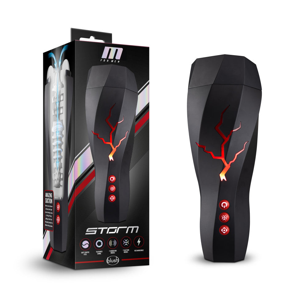 M for Men Storm (White) – Ribbed Masturbator Cup Vibrator with 7 Vibration Functions and Suction