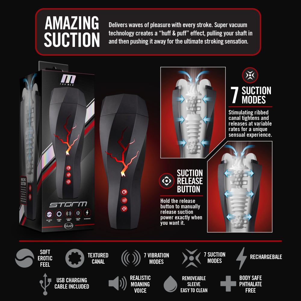 M for Men Storm (White) – Ribbed Masturbator Cup Vibrator with 7 Vibration Functions and Suction