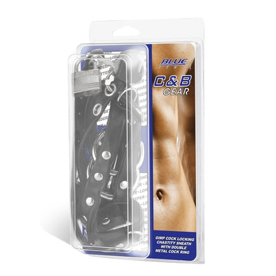 Blue Line Gimp Cock Locking Chastity Sheath With Double Metal Cock Rings and Adjustable Strap