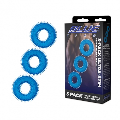 Blue Line Pack of Three Ultra-Stim Stretch Cock Rings Set