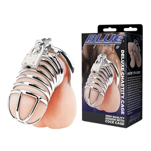 Blue Line Deluxe Metal Chastity Cage with Secure Lock Rings