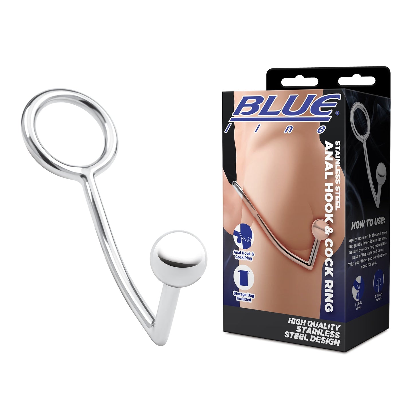 Blue Line Stainless Steel Anal Hook and Cock Ring 45mm