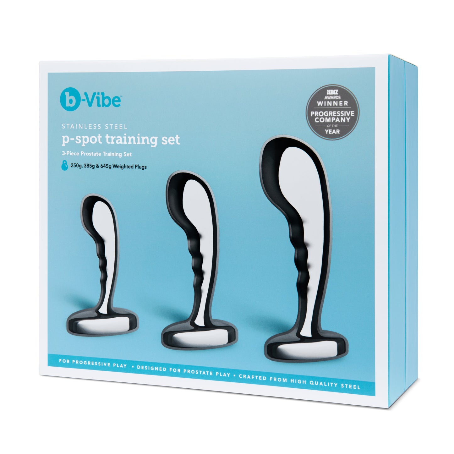B-Vibe Stainless Steel P-Spot Training Set 3-Piece Prostate Plug Set with Weighted Plugs