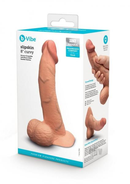 B-Vibe Slipskin Realistic Silicone Dildo 8 Inch Curved Mocha
