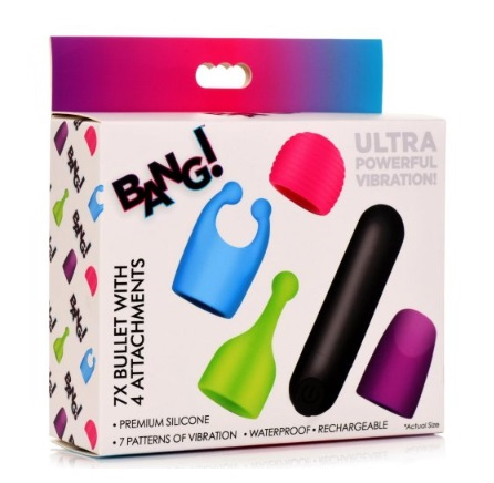Bang! Bullet Vibrator with 4 Glow-in-the-Dark Attachments, Waterproof Silicone, 7 Vibration Patterns