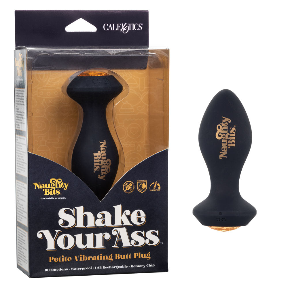 Naughty Bits Shake Your Ass Petite Black Vibrating Butt Plug with Gemstone Button