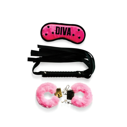 Bizarre Video Diva Bondage Kit with Pink Satin Blindfold, Faux-Fur Lined Handcuffs, and Black Mini Flogger