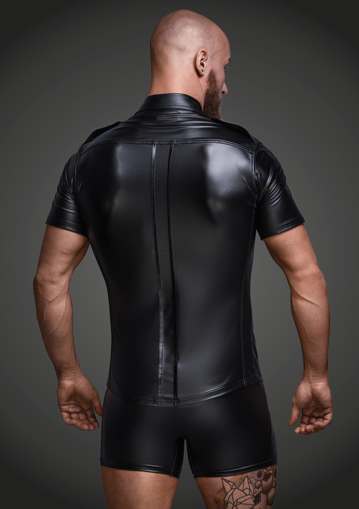 Black Wet Look Short Sleeve Shirt With Front Pockets