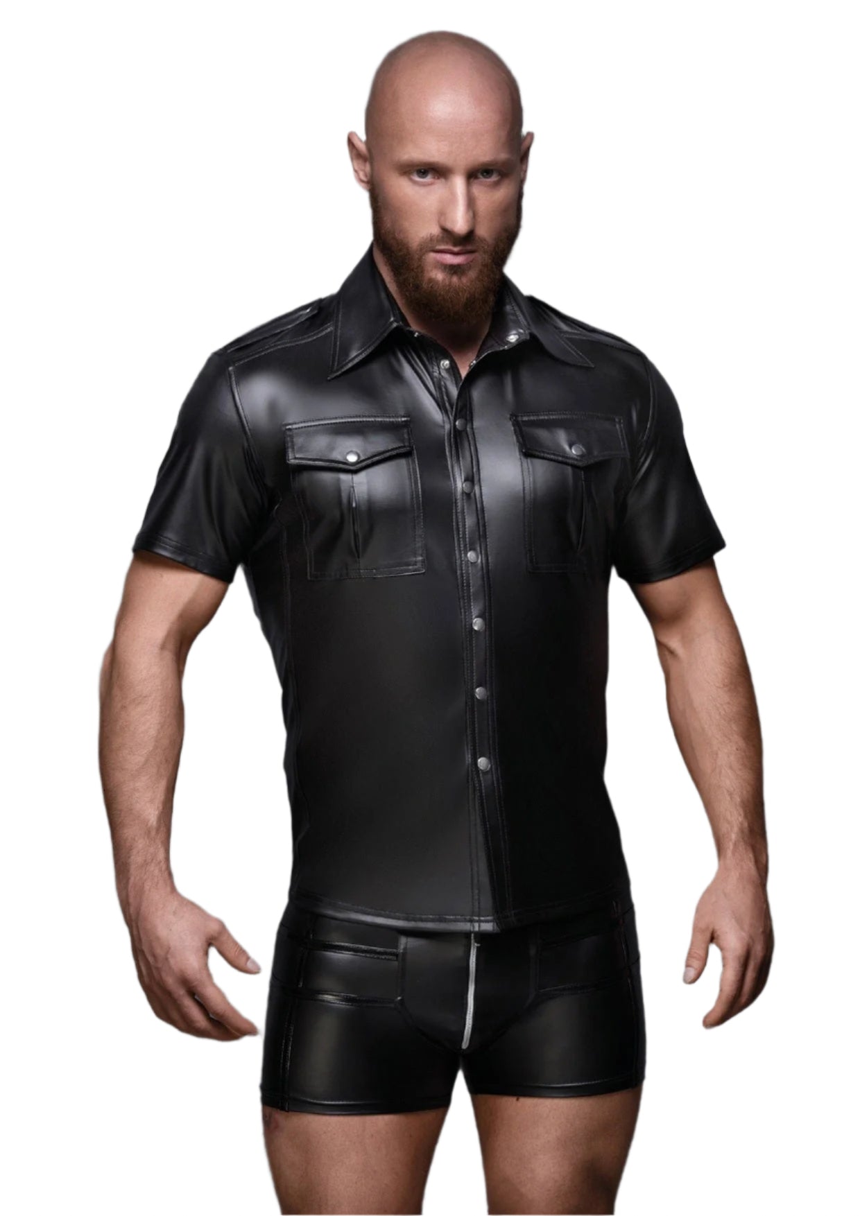 Black Wet Look Short Sleeve Shirt With Front Pockets