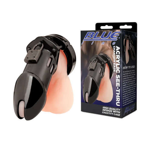 Blue Line Acrylic See-Thru Cock Cage Chastity Device Black