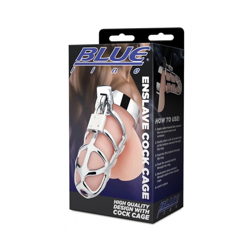 Blue Line Enslave Cock Cage Stainless Steel with Padlock and Key