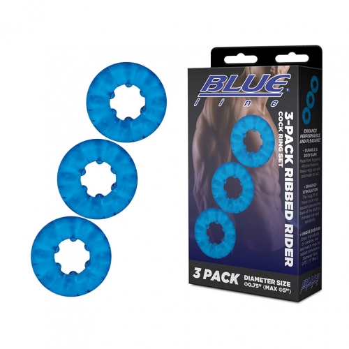 Blue Line Ribbed Cock Ring Set 3-Pack