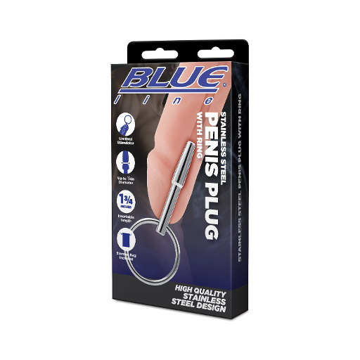 Blue Line Stainless Steel Penis Plug with Ring 1 3/4 Inch Insertable Length
