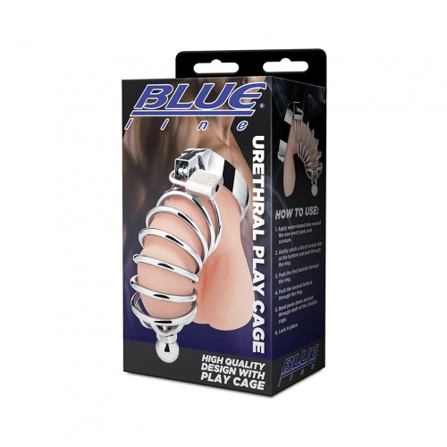 Blue Line Urethral Play Cock Cage Metal Ring for Intense Fun