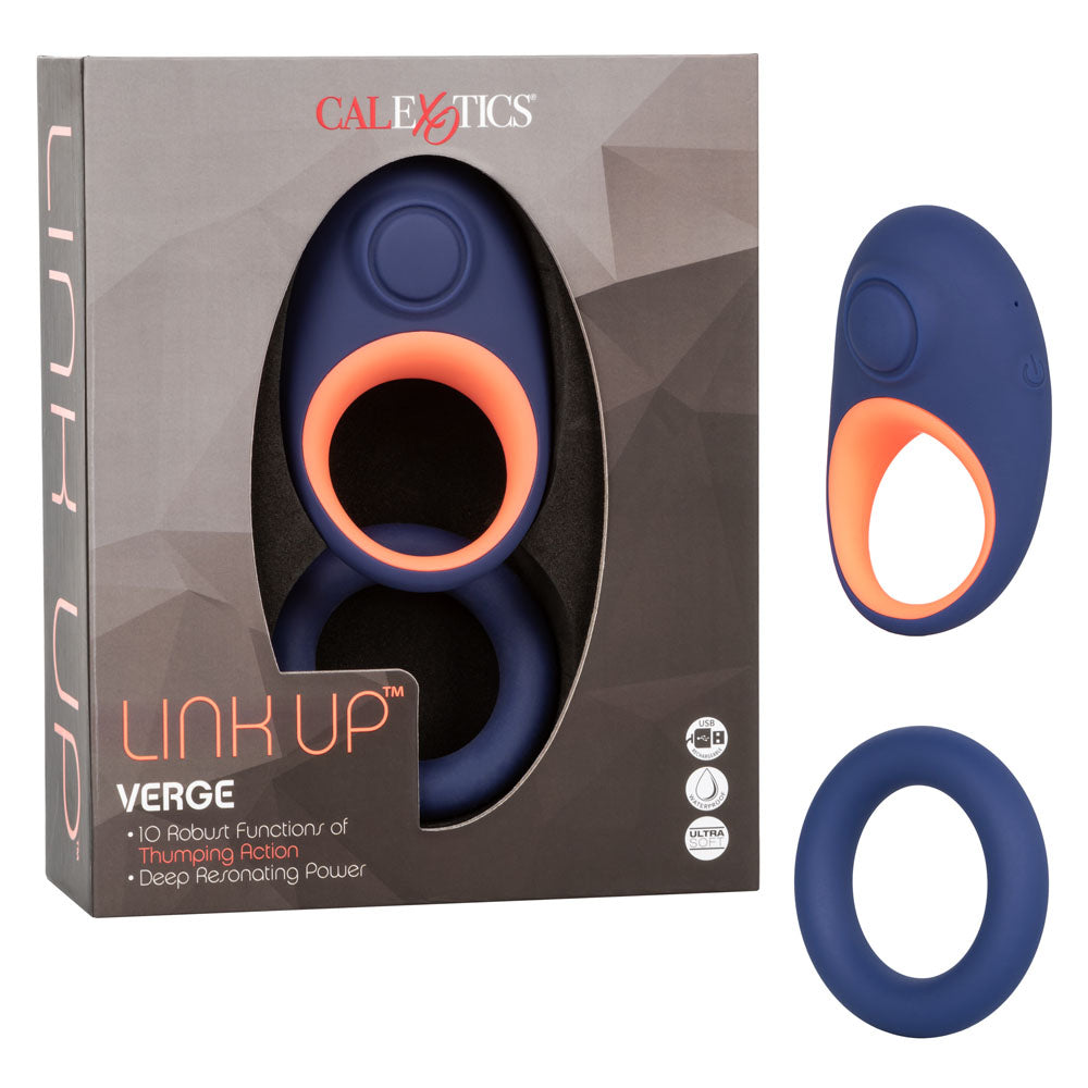 Link Up Verge Dual Stimulating Ring with 10 Thumping Functions Ultra-Soft Silicone Cock Ring Blue and Orange