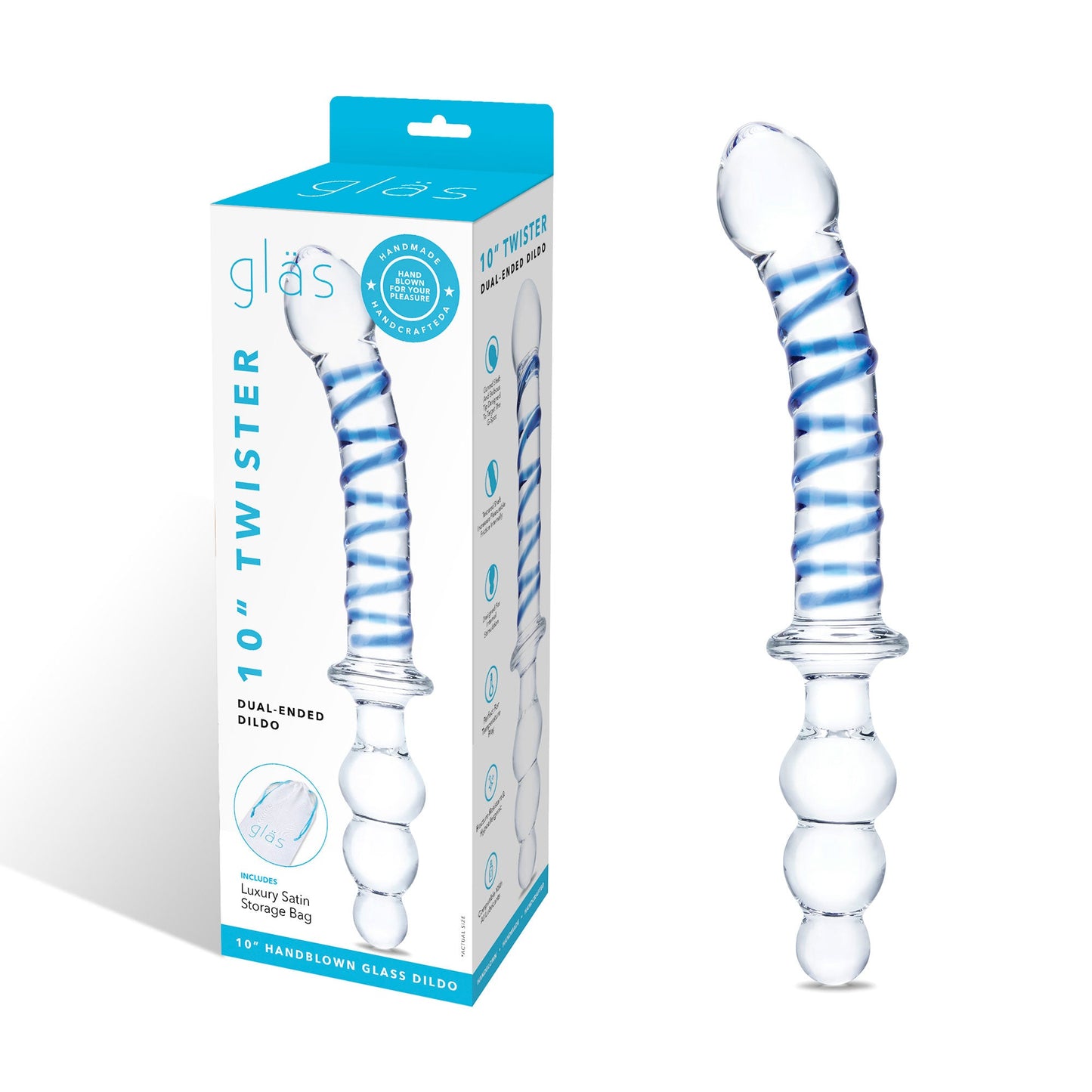 Glas 10 Inch Twister Dual-Ended Glass Dildo with Blue Spiral Design