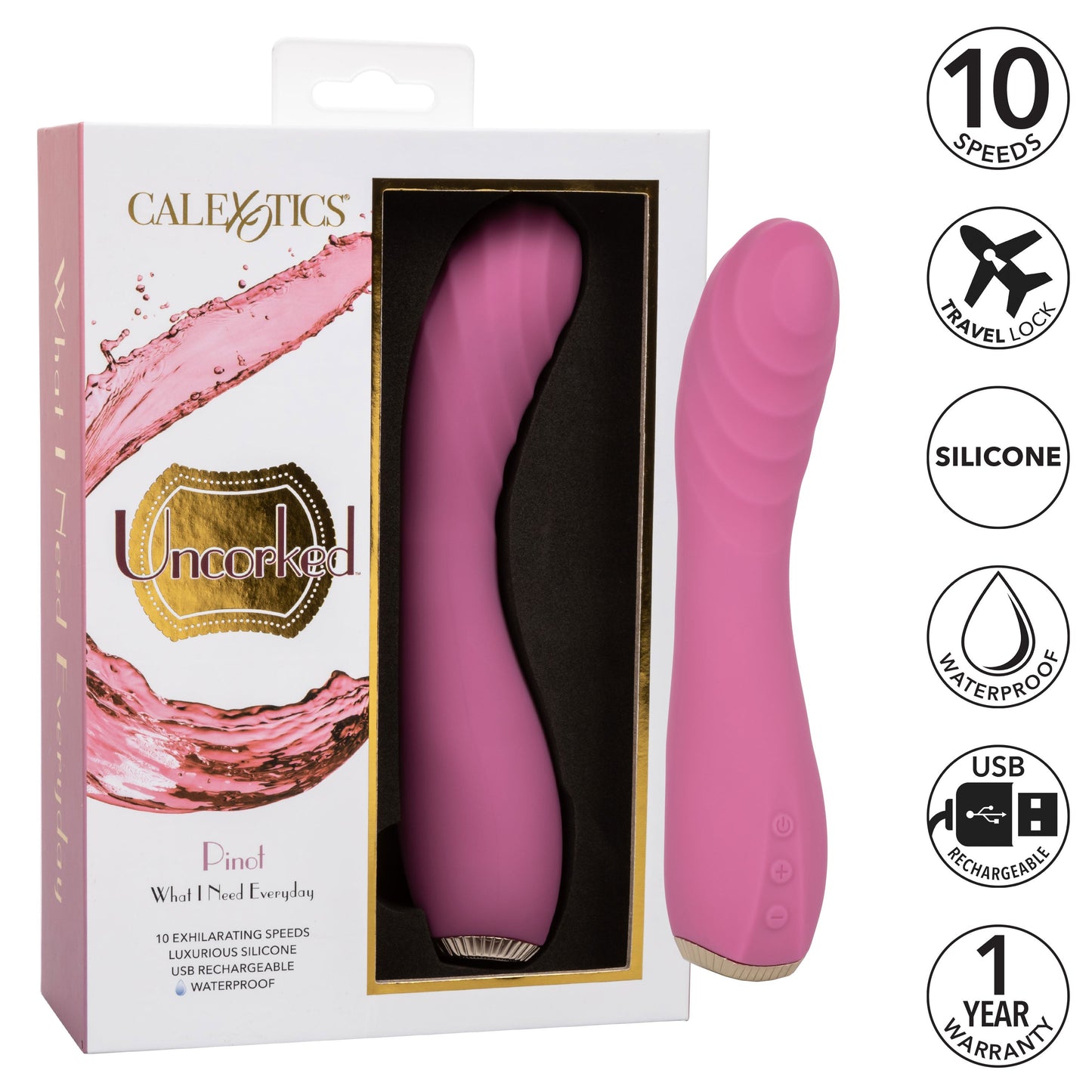 Uncorked Pinot Pink Silicone Massager with 10 Speeds and Rechargeable