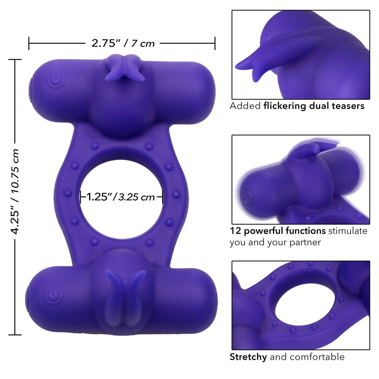 Silicone Triple Orgasm Enhancer in Purple with 12 Vibration Functions and Dual Independent Motors
