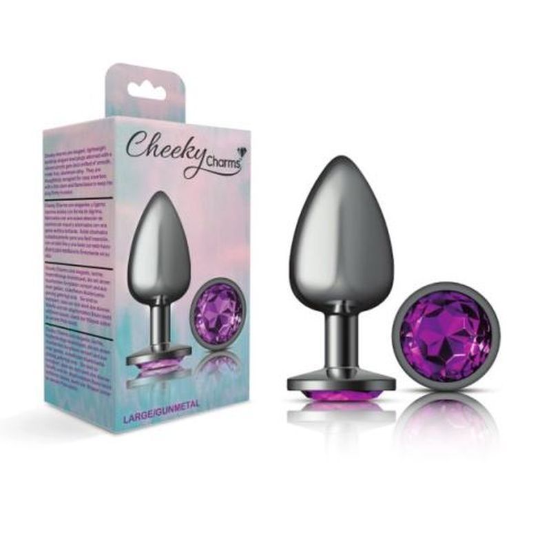Cheeky Charms Gunmetal Round Butt Plug with Purple Jewel Large