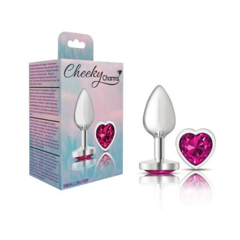Cheeky Charms Silver Metal Butt Plug with Heart Pink Jewel Small