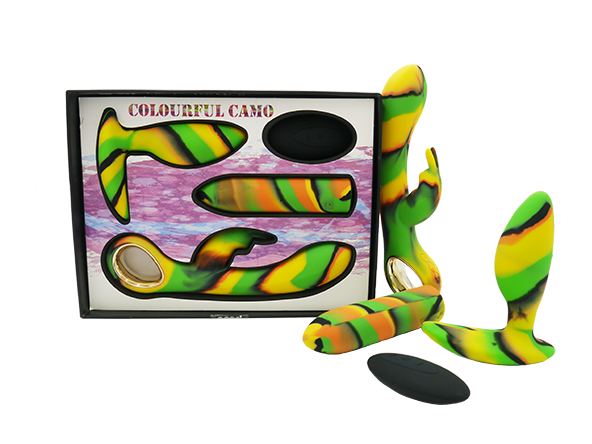 Colourful Camo Lovers Kit Yellow Silicone Vibrator Set with Remote Control and Multiple Functions