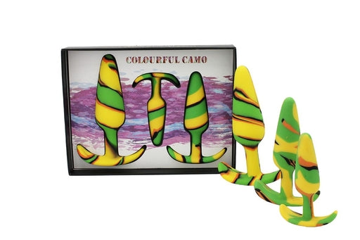 Colourful Camo SAIL Anal Kit Yellow Silicone Butt Plugs Small 100mm Medium 125mm Large 150mm