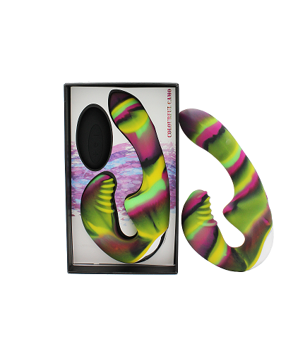 Colourful Camo Tandem Remote Control Strapless Strapon Yellow Silicone Waterproof