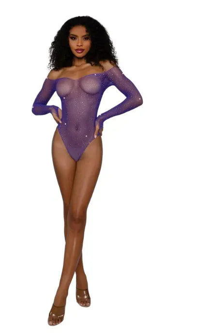 Rhinestone Off Shoulder Bodystocking – Nylon Spandex Bodystocking