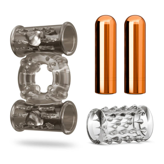 Stay Hard Vibrating Cock Ring Set With Dual Bullets Textured Sheath - Cock Ring Set