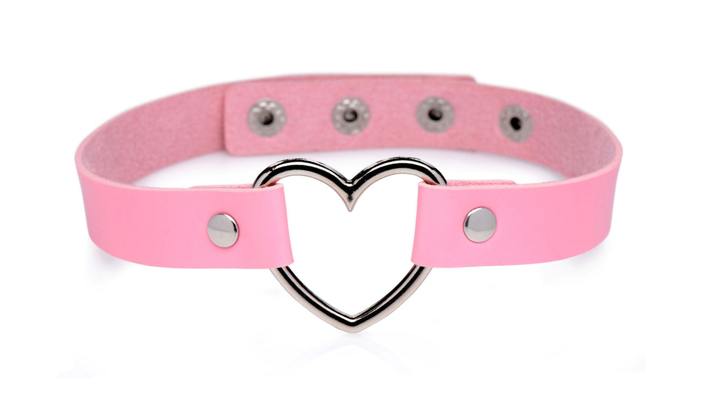 Dark Heart Pink Vegan Leather Choker with Chrome Heart Center