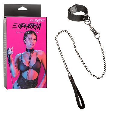 Euphoria Collection Collar With Chain Leash Black Velvet and Vegan Leather