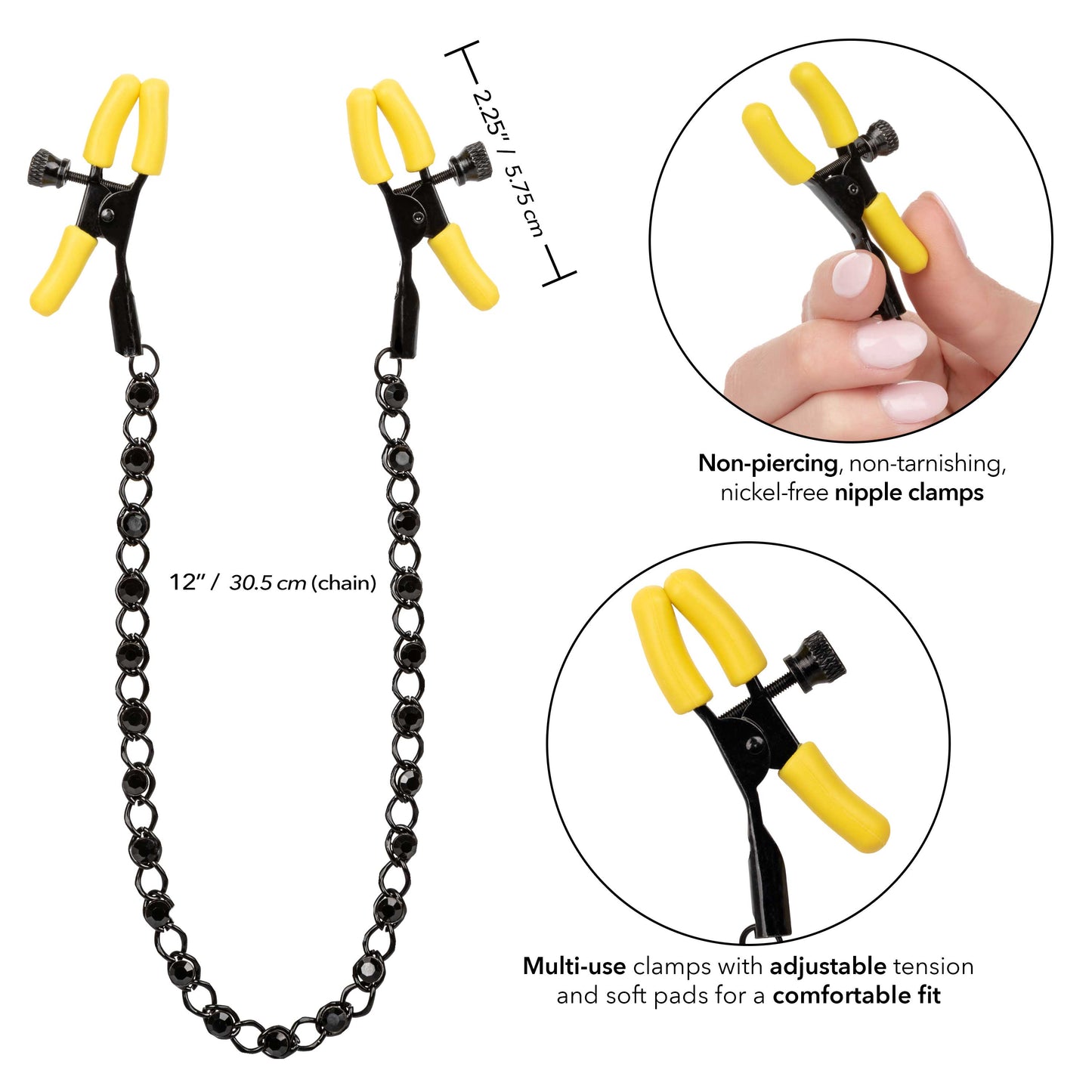 Boundless Nipple Teasers Adjustable Black Chain with Yellow Silicone Coated Clamps and Crystal Adornments