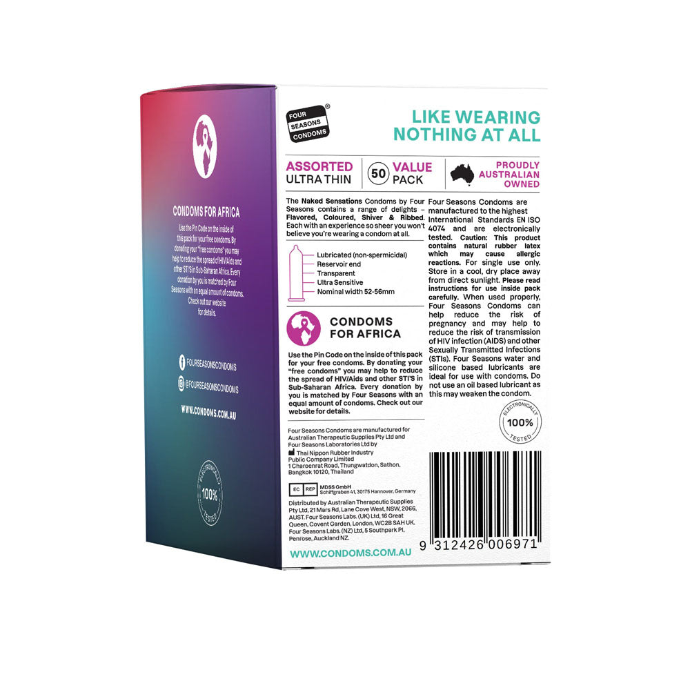 Four Seasons Naked Sensations – Ultra Sensitive Lubricated Condoms - Assorted 50 Pack