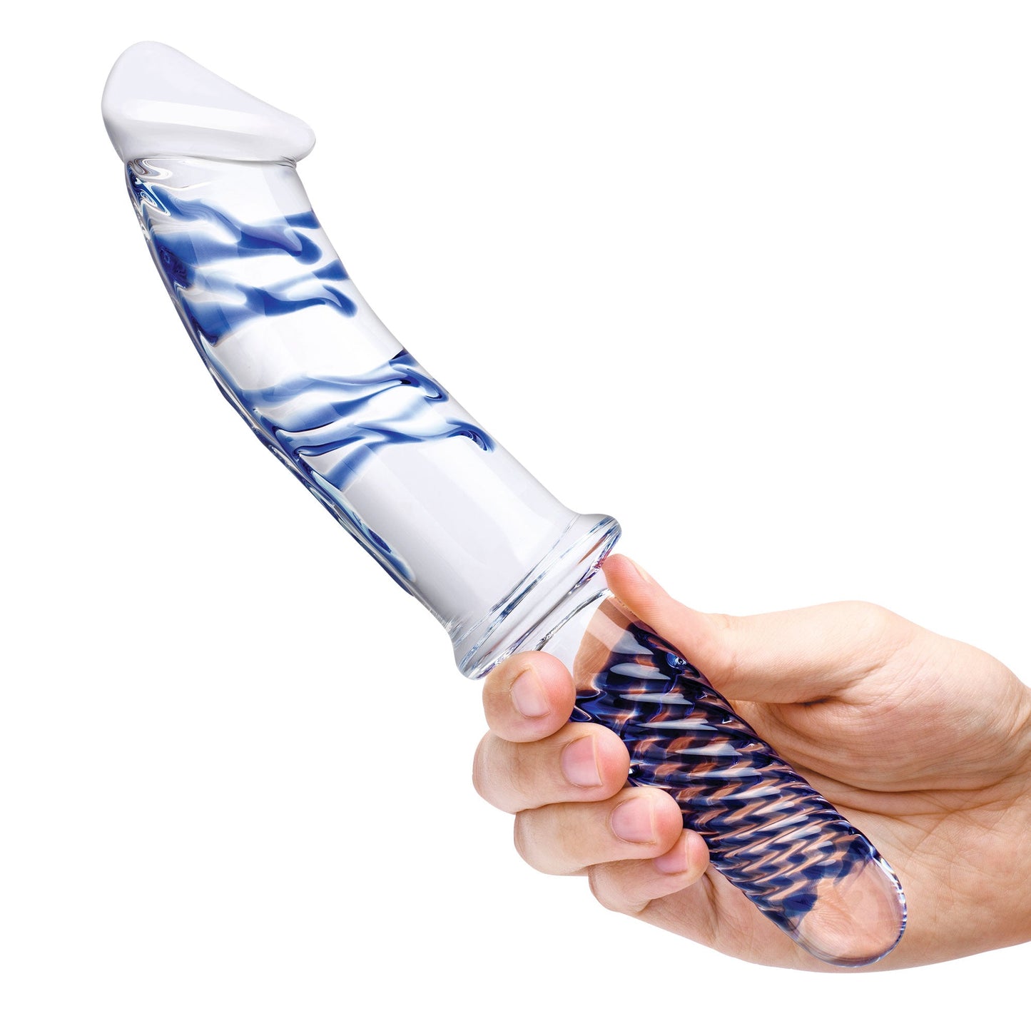 Glas 11 Inch Realistic Double Ended Blue and White Glass Dildo With Handle